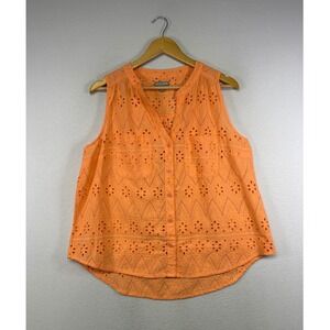 Breathable Falls Creek Women L Orange Eyelet Lace Sleeveless Button Top